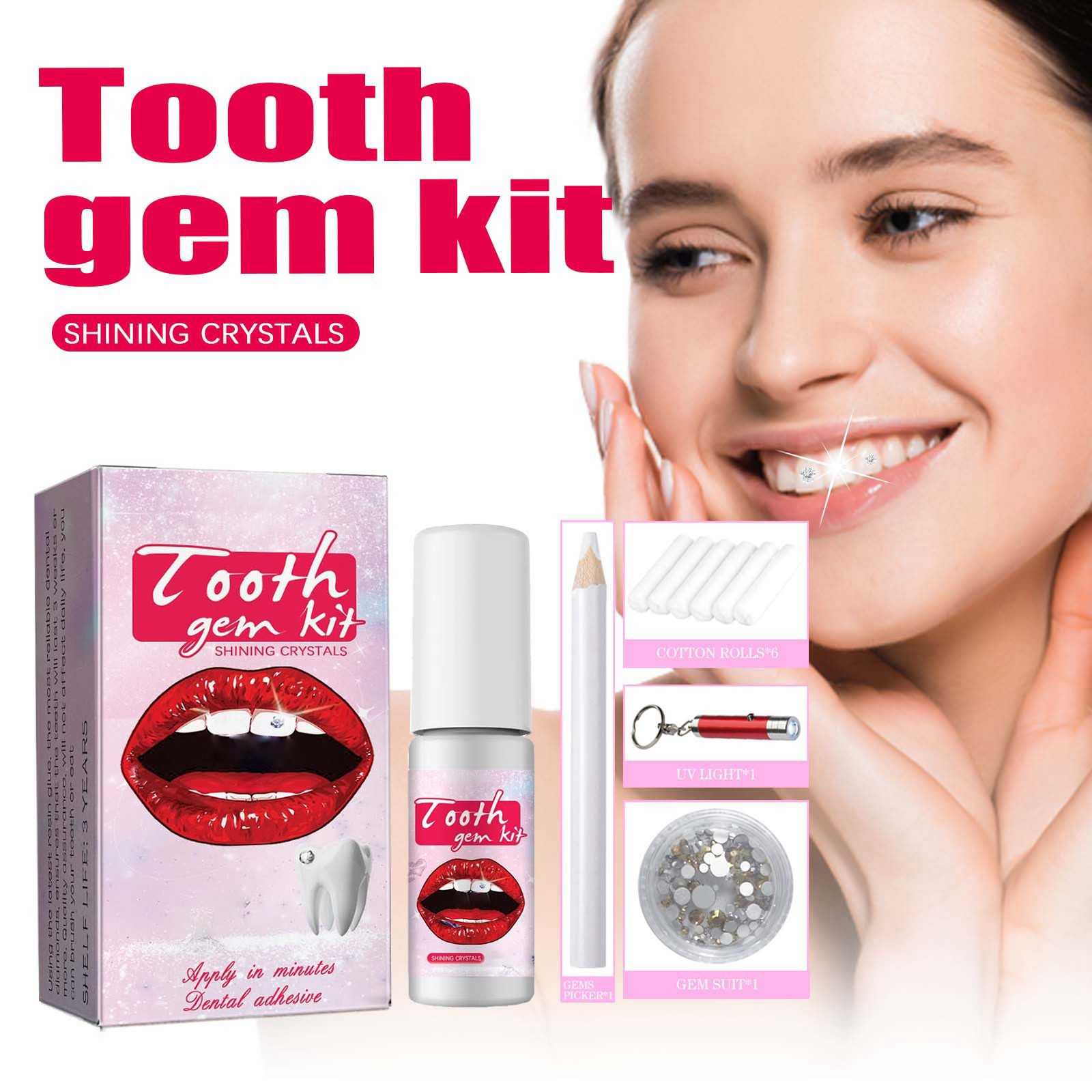 GARENAS Tooth Gem Set Shining DIY Teeth Gems Accessories Easy to and Install Tooth Drill Shining Tooth Gems 5ml(Pink)